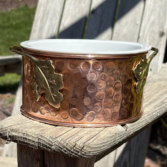 Ceramic Casserole Dish Solid Copper Holder & Brass Handles Small Dip Chafing - Picture 2 of 9